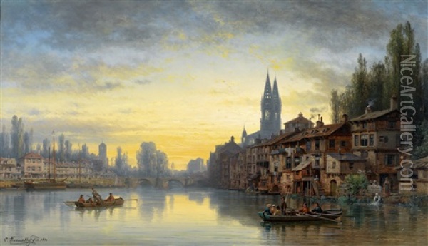 Stadtansicht An Der Loire Im Abendlicht Oil Painting - Charles Euphrasie Kuwasseg