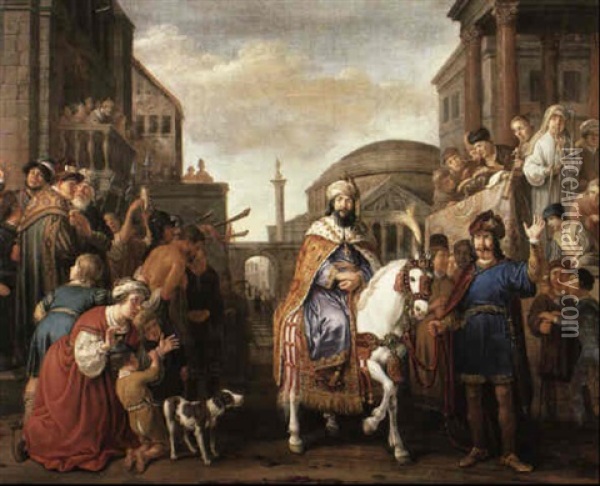 Mordecai Triumphantly Entering The City Oil Painting - Claes Cornelisz Moeyaert