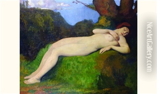 Femme Nue Endormie Dans Un Sous Bois Oil Painting - Louis Leon Eugene Billotey