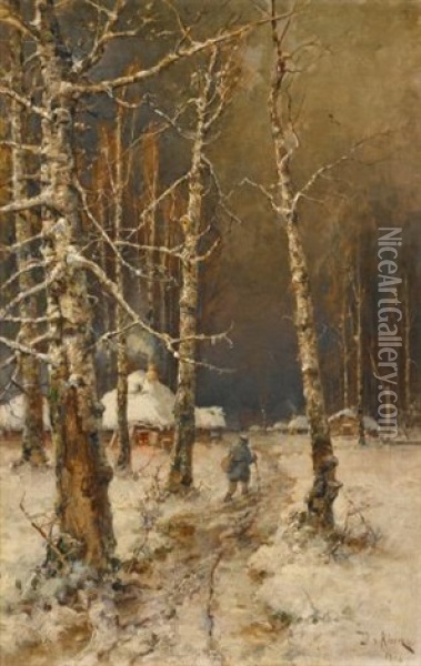 Traveller In The Snow (collab. W/studio) Oil Painting - Yuliy Yulevich (Julius) Klever