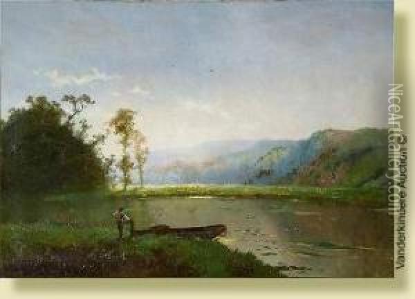 Pecheur En Bord De Meuse Oil Painting - Henri Pieron