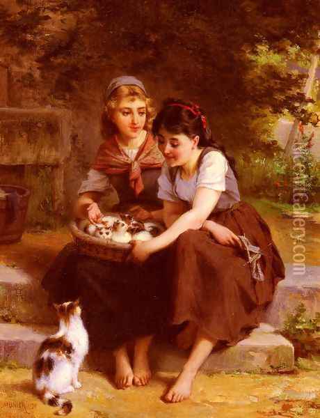 Deux Filles Avec Un Panier De Chatons (Two Girls With A Basket Of Kittens) Oil Painting - Emile Munier
