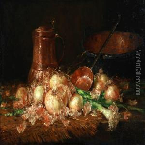 Still Life With Onions And Leeks On A Table Oil Painting - Elise Hedinger