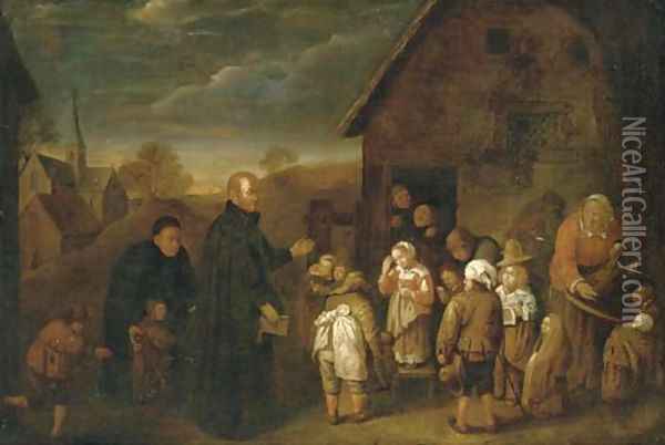 A clergyman visiting a village school Oil Painting - Gillis van Tilborgh