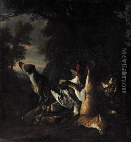 A Hound, A Dead Red Fox, A Dead Mallard, A Grey Partridge, A Woodcock And A Bullfinch At The Foot Of A Tree At The Edge Of A Wood Oil Painting - Peter Caulitz