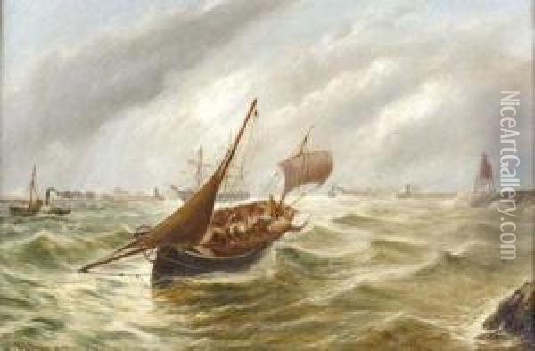 Shipping At The Mouth Of The River Tyne Oil Painting - Bernard Benedict Hemy