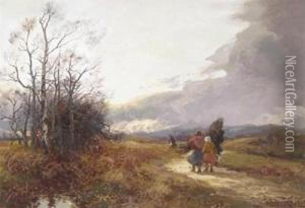 An Autumnal Landscape With Rustics Gathering Wood Oil Painting - William Manners