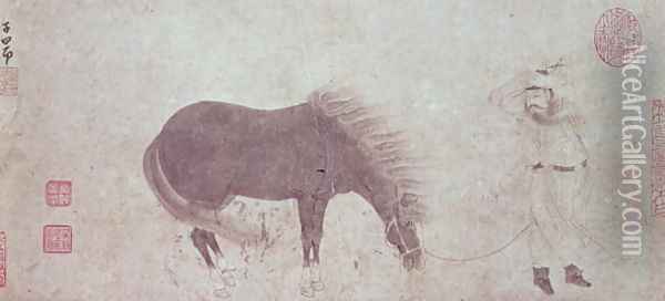 Horse and Groom in Winter Oil Painting - Meng-Fu Chao (Zhao Mengfu)