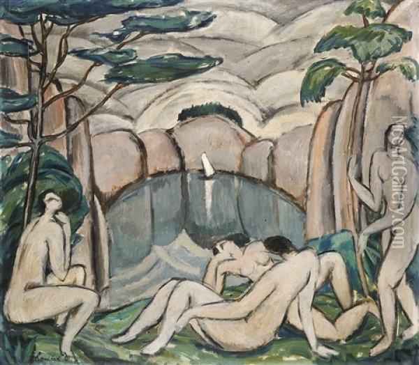 Bathing Oil Painting - Oldrich Konicek
