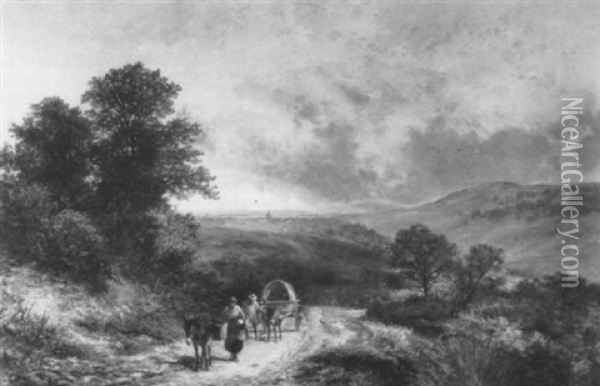 A Country Landscape With Peasants And A Cart On A Track Oil Painting - James Peel