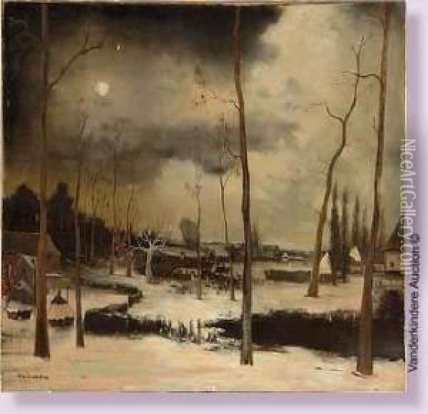 Paysage Enneige Au Clair De Lune Oil Painting - Gaston Van Landeghem