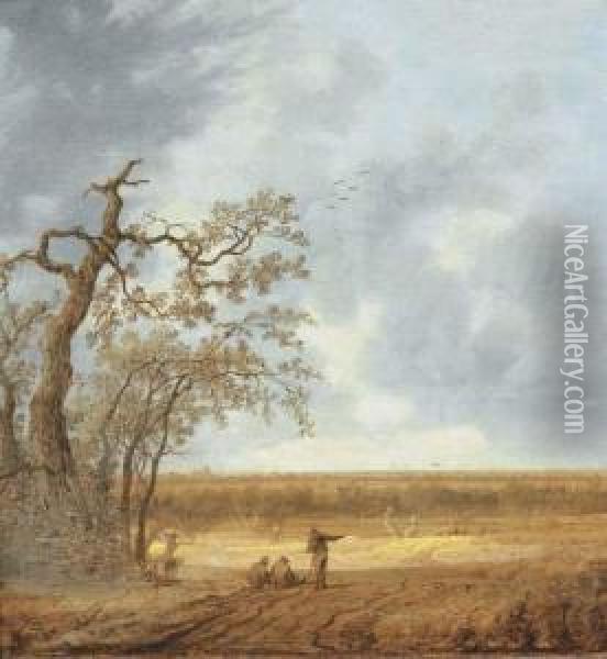 An Extensive Landscape With Peasants Conversing By A Deadtree Oil Painting - Anthony Jansz. Van Der Croos