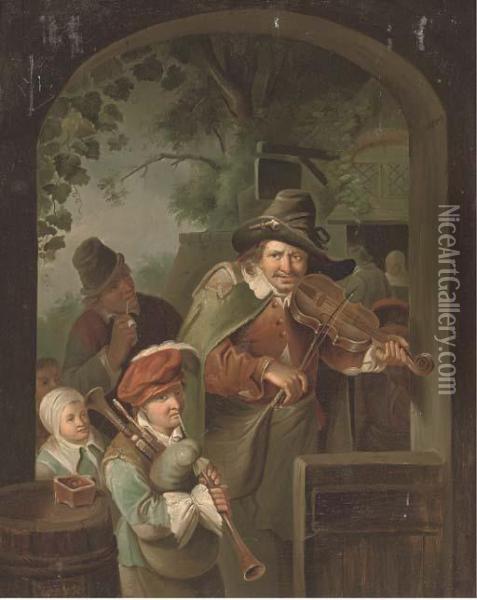 Musicians At An Entrance To An Inn Oil Painting - Willem van Mieris