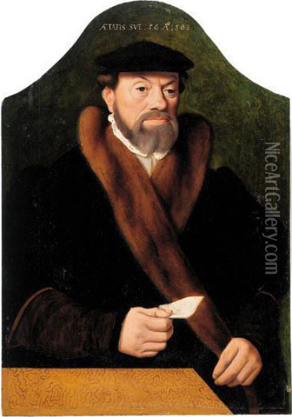 Portrait Of A Gentleman, Half-length, In A Black Coat With A Furcollar And A Black Hat, A Letter In His Right Hand: And Portrait Ofhis Wife, Half-length, In A Black Coat With White Lining, Anembroidered Belt And A Head-dress, Holding A Rosary Oil Painting - Bartholomaeus Ii Bruyn