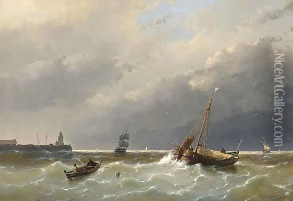 Shipping Off The Coast, Scheveningen Oil Painting - Andreas Schelfhout