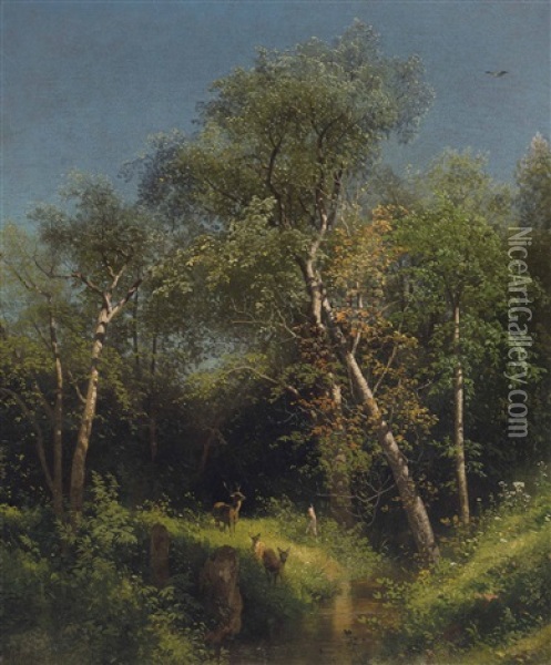 Deer In The Wild Woods Oil Painting - Hermann Herzog