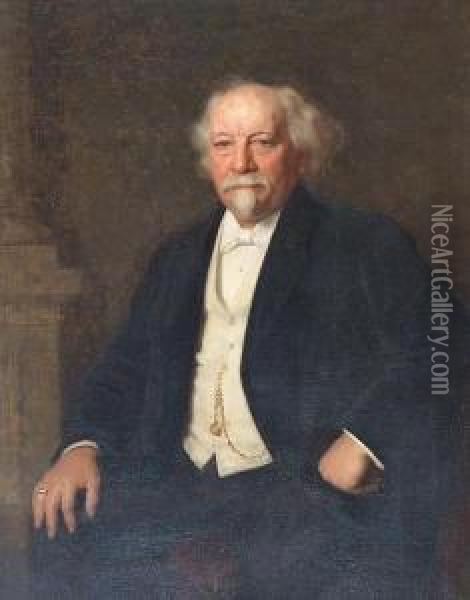 Portrait Of Mr Arthur Ross, Seated, Three-quarter Length, Wearing Black Jacket, White Shirt And Tie; Together With A Companion Portrait Of His Wife Oil Painting - William Robert Symonds