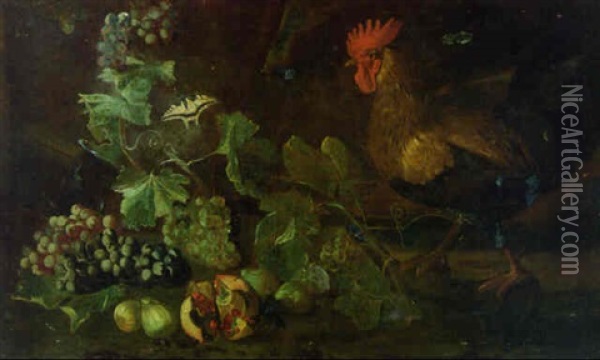 A Cockerel Watching A Swallowtail Butterfly Amongst Figs, A Pomegranate And Grapes On A Bank Oil Painting - Giovanni Battista Ruoppolo