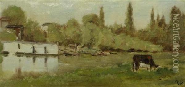 Flusslandschaft Mit Kuh. Oil Painting - Jean-Francois Millet