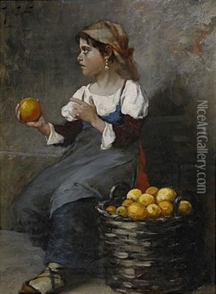 Fruktforsaljerskan Oil Painting - August Vilhelm Nikolaus Hagborg