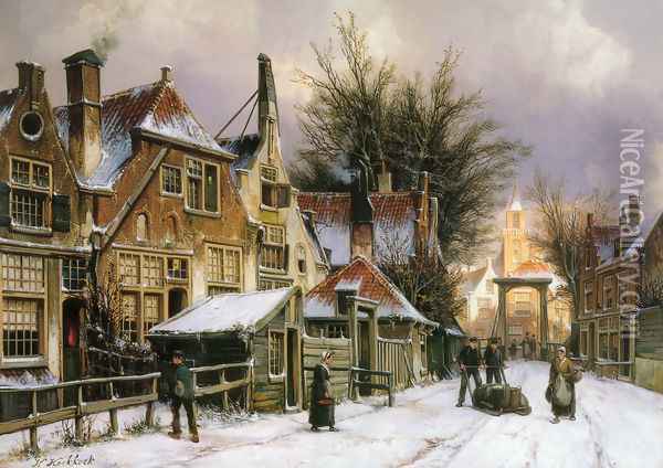 A Townview with Figures on a Snow Covered Street Oil Painting - Willem Koekkoek