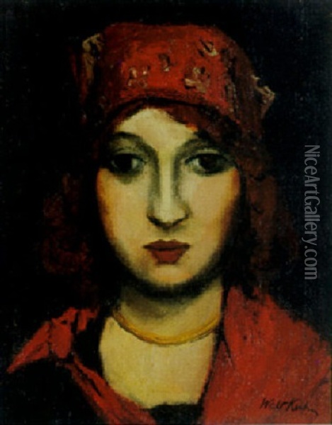 Portrait Of A Woman With A Red Kerchief Oil Painting - Walt Kuhn