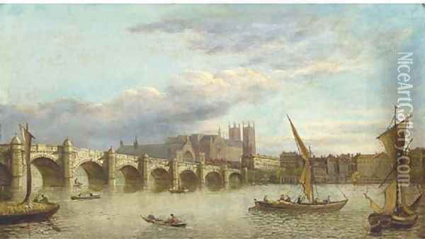 Vessels on the Thames, with Westminster Bridge and Abbey beyond; and View down the Thames of London Bridge Oil Painting - Samuel Scott
