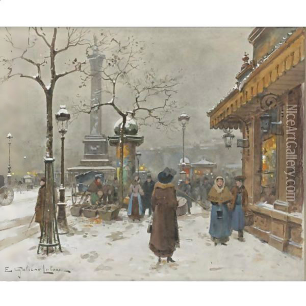 In The Snow, La Bastille Oil Painting - Eugene Galien-Laloue