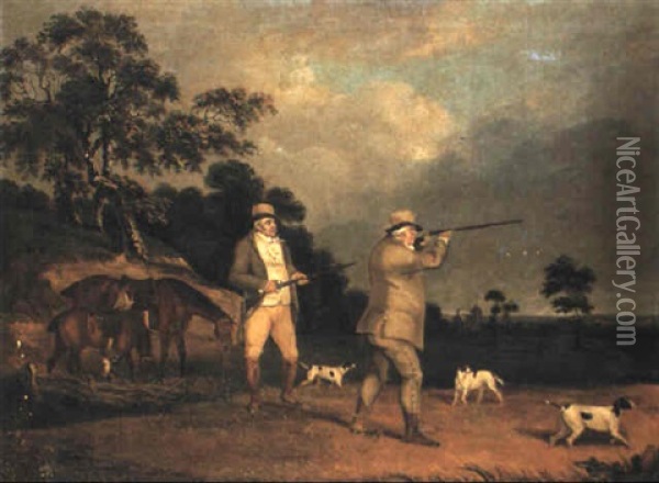 Gentleman Partridge Shooting With Pointers, In A Landscape Oil Painting - Abraham Cooper