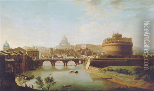 View Of St. Peter's And Castel Sant'angelo From The Tiber Oil Painting - Luigi Vanvitelli