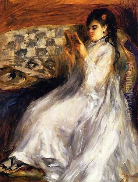 Young Woman In White Reading Oil Painting - Pierre Auguste Renoir