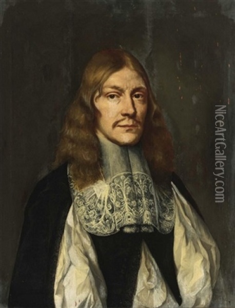 Portrait Of A Gentleman Wearing A White Chemise, Black Coat And Lace Collar Oil Painting - Wallerant Vaillant