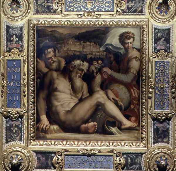 Allegory of the town of Pescia from the ceiling of the Salone dei Cinquecento, 1565 Oil Painting - Giorgio Vasari
