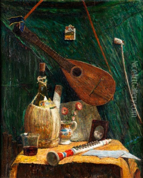 Stillleben Mit Weinflasche Und Musikinstrumenten Oil Painting - Ludovic Vallee