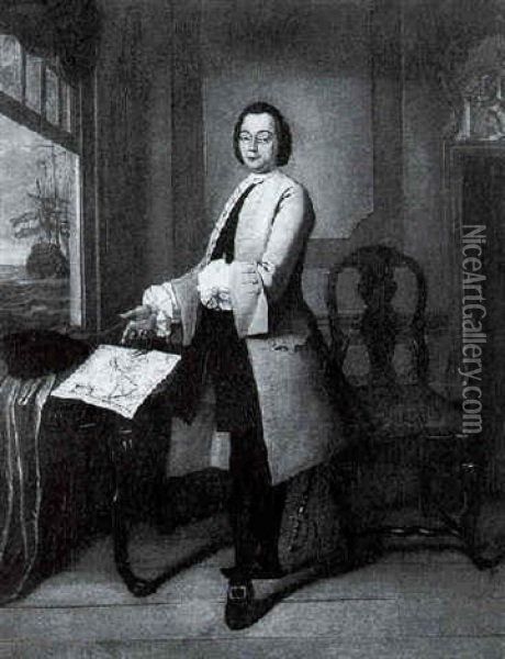 Portrait Of A Gentleman Standing In An Interior, With A Map Of The Americas Resting On A Table And A Ship Beyond Seen Through A Window Oil Painting - Tiebout Regters