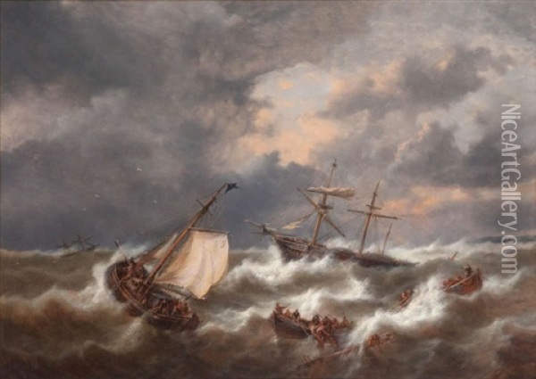 Marine Bij Stormweer, Een Woelige Zee Gestoffeerd Met Boten En Sloepen Oil Painting - George Willem Opdenhoff