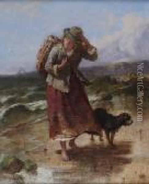 Girl And Dog On The Stormy Seashore Oil Painting - Isaac Henzell