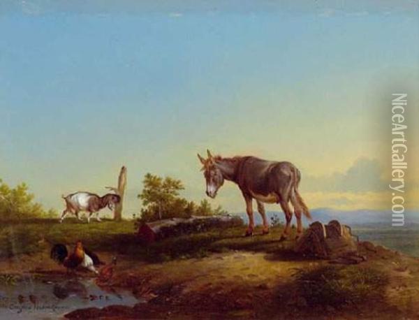 Donkey, Goat And Hens At The Watering Hole Oil Painting - Eugene Joseph Verboeckhoven