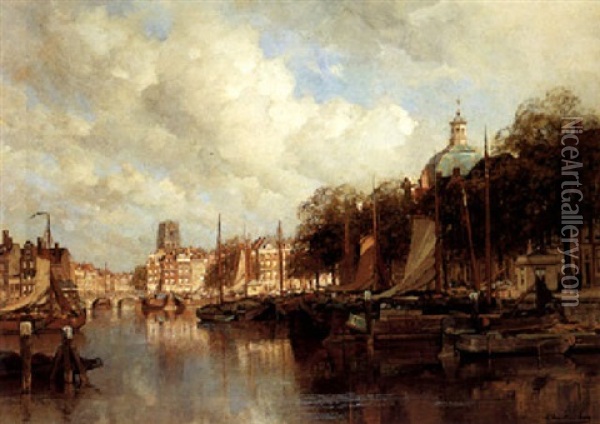 Moored Boats In A Canal, Rotterdam Oil Painting - Johannes Christiaan Karel Klinkenberg