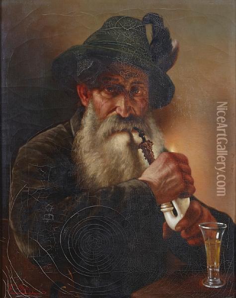 A Portrait Of A Bearded Man Smoking A Pipe Oil Painting - Franz Von Defregger