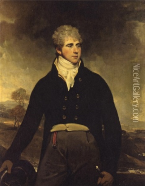 Portrait Of A Young Man (sir Harry Neal?) Wearing A Dark Coat With Gray Trousers And Holding A Hat, Standing In A Landscape Oil Painting - Sir William Beechey