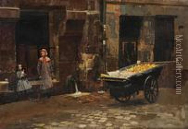 Strassenszene Mit Zwei Madchen Und Marktwagen Oil Painting - Marie-Francois-Firmin Girard
