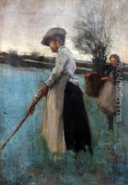 Lady And Young Girl Working In A Field Oil Painting - Margaret Bird