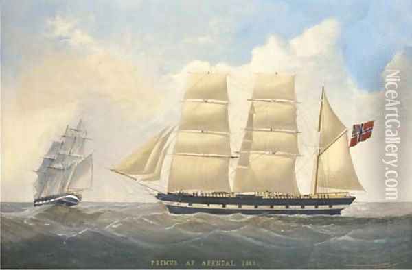 The barque Primus of Arendal under full sail, in two positions Oil Painting - Scandinavian School