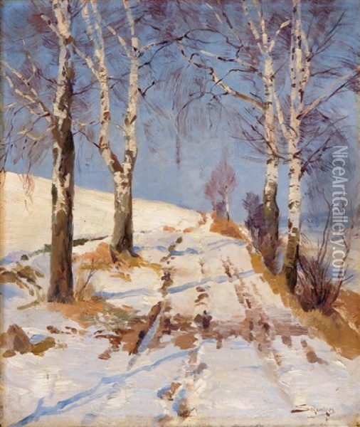 Winterliche Landschaft Mit Birken Oil Painting - Jacques Matthias Schenker