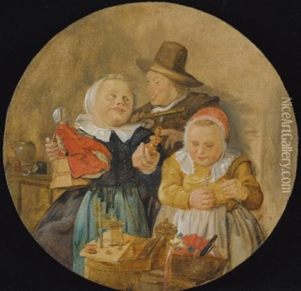 An Interior With A Man Holding A Flute, And Two Children Playing With Their Toys Oil Painting - Jan Miense Molenaer