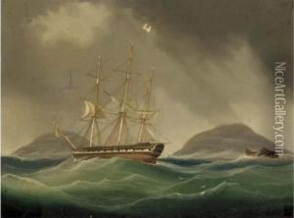 A Frigate Hove-to And Riding Her Anchors In A Gale Oil Painting - William Huggins