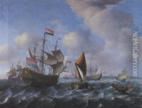 A Man-o'-war (het Wapen Van Utrecht?), A Wijdschip And A Spiegelsloep In A Stiff Breeze Oil Painting - Aernout (Johann Arnold) Smit