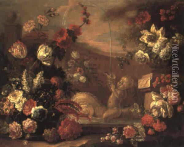 Still Life With Flowers In A Basket In A Parkland With A Fountain Oil Painting - Jean-Baptiste Morel