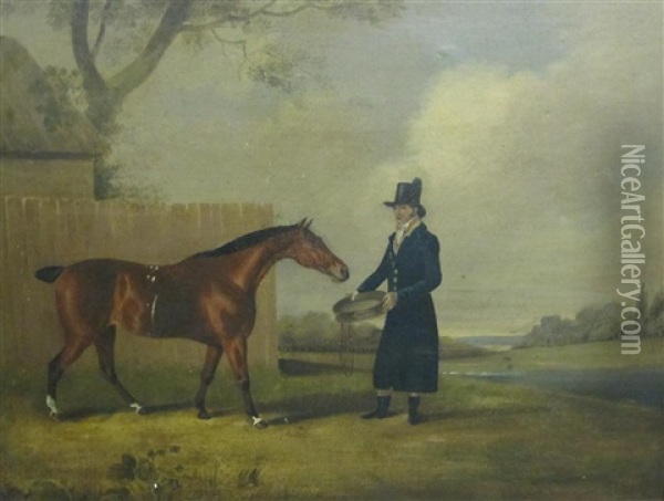 A Horse And Groom By A Wall, A River Landscape Beyond Oil Painting - Edwin Cooper